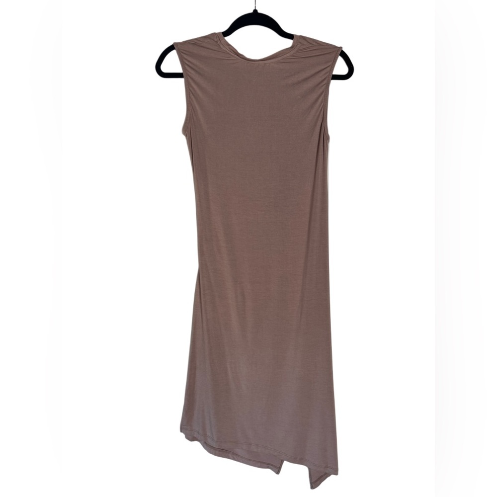 ALL SAINTS 🖤 NWOT Tan Asymmetrical Sleeveless Ruched Stretch Midi Dress w/ Slit - Picture 3 of 4